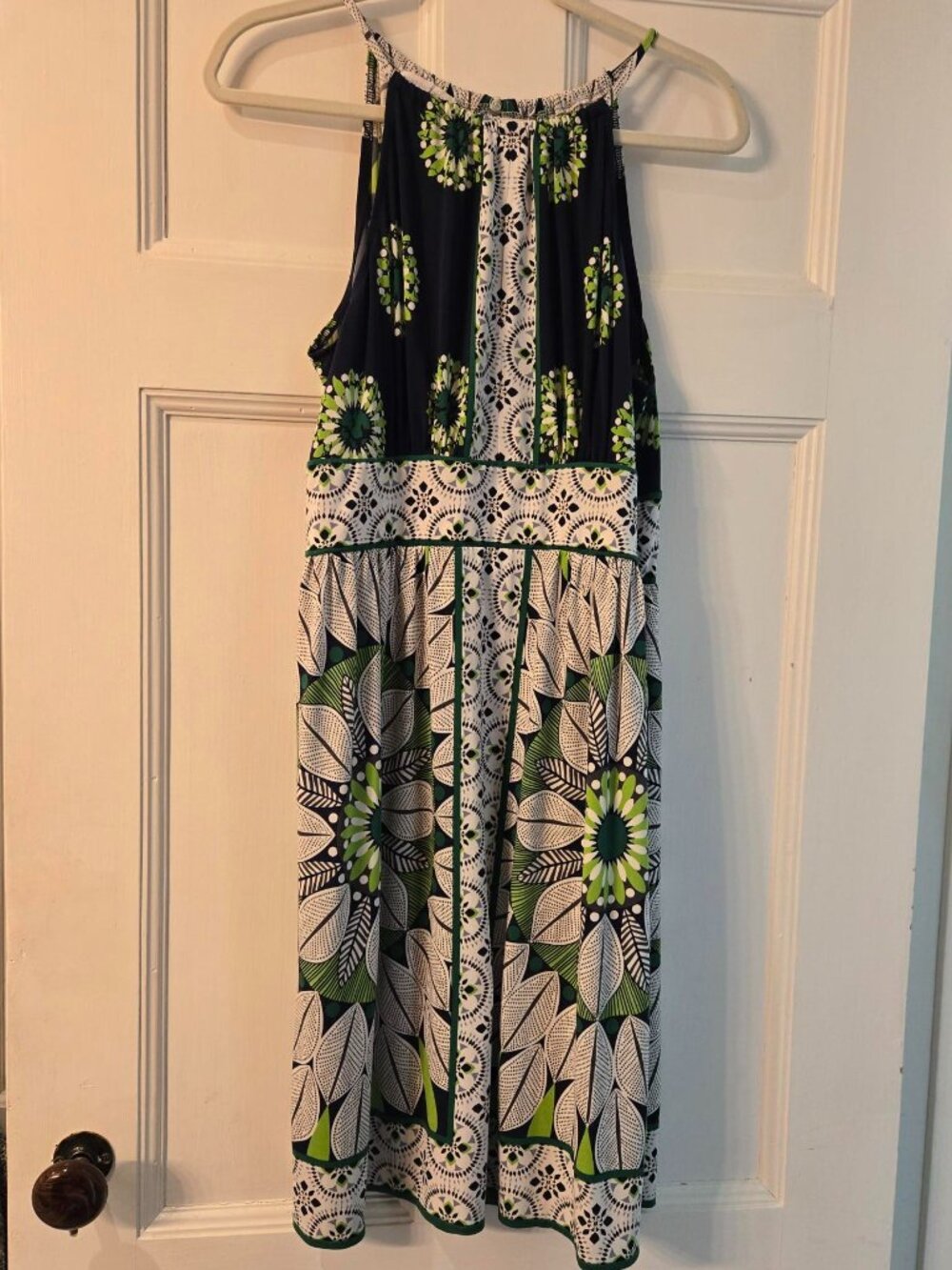 London Times Geometric Green/Navy/White Floral Spaghetti Strap Dress Size 12